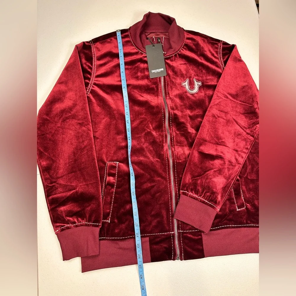True Religion Jacket Mens XS Burgundy Velvet Big T Mock Zip Up Broadway Gunmetal
